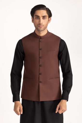 men embroidered waist coat brown blended band collar regular fit ideas man wc pd24 041 half front 2
