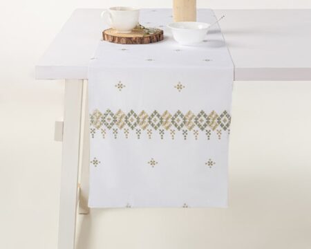 Green Cross Stitch Embroidered Table Runner