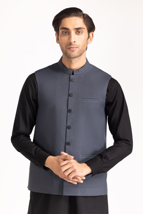 men styling waist coat dark grey blended band collar regular fit ideas man wc pd24 042 half front