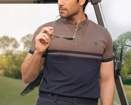 Camel Color Block Band Collar T-shirt