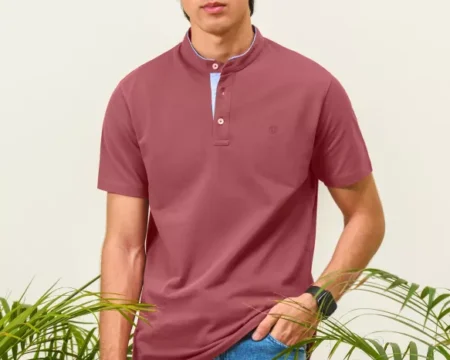 T Pink Plain Band Collar Cotton T-shirt