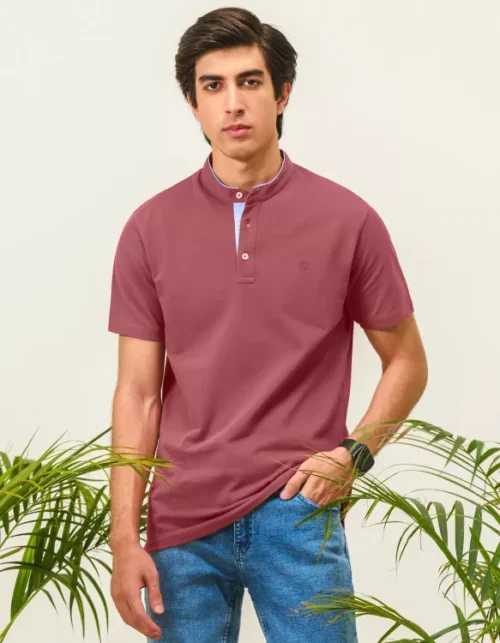 T Pink Plain Band Collar Cotton T-shirt