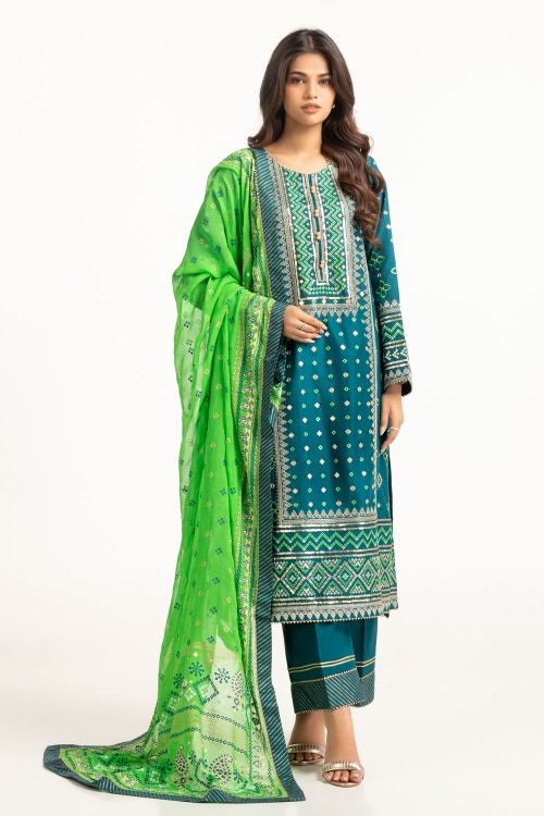3PC Lawn Gold And Lacquer Printed Suit With Embroidered IUSTKSD-749