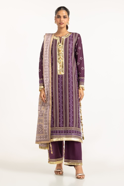 3PC Lawn Gold Printed Suit With Embroidered IUSTKSD-724