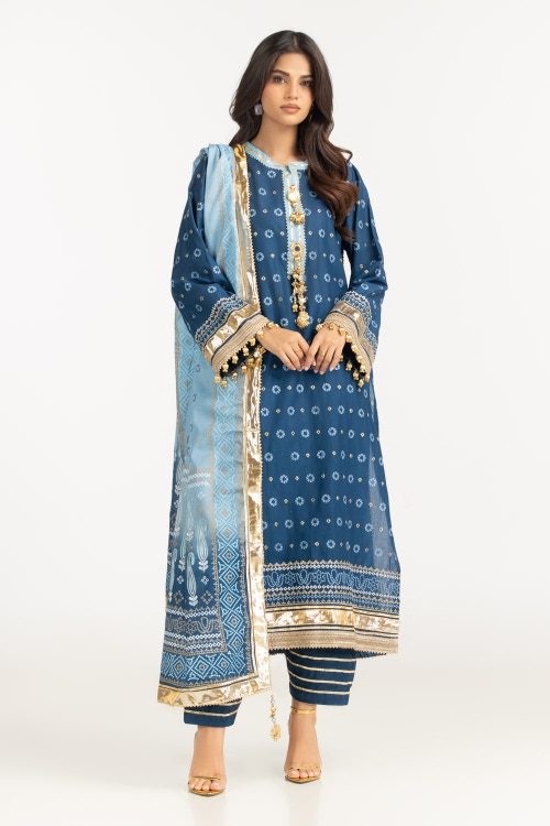 3PC Lawn Gold Printed Suit With Embroidered IUSTKSD-725