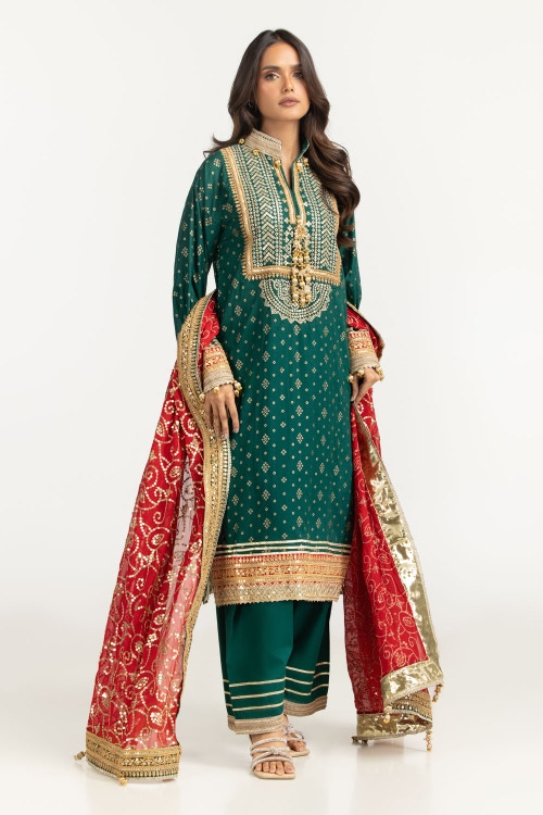 3PC Lawn Gold Printed Suit With Embroidered IUSTKSD-731