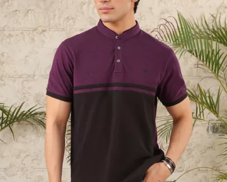 Purple Color Block Band Collar T-Shirt