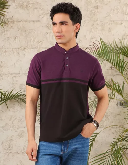 Purple Color Block Band Collar T-Shirt