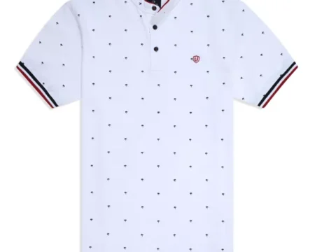 White Printed Band Collar T-shirt