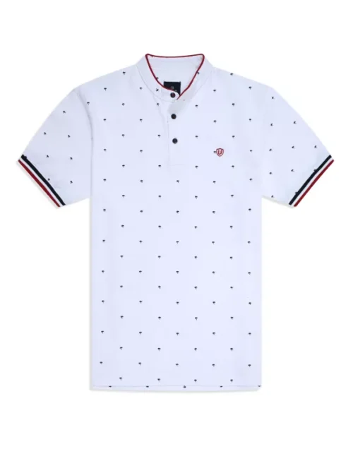 White Printed Band Collar T-shirt