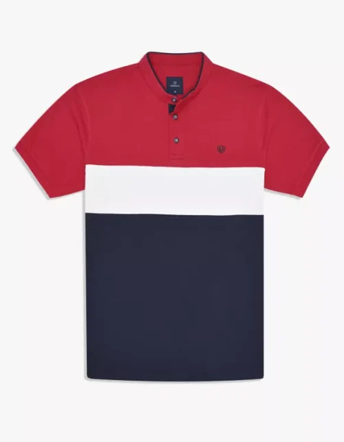 Red Color Block Band Collar T-Shirt