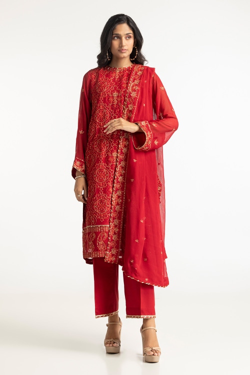 3 Piece Chiffon Embroidered Suit IUSTKSD-173