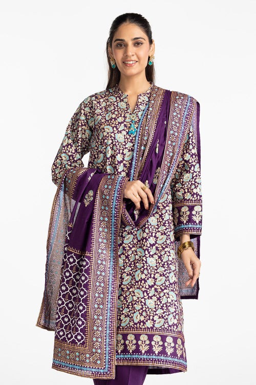 3 Piece Lawn Gold And Lacquer Printed Suit IUSTKSD-288