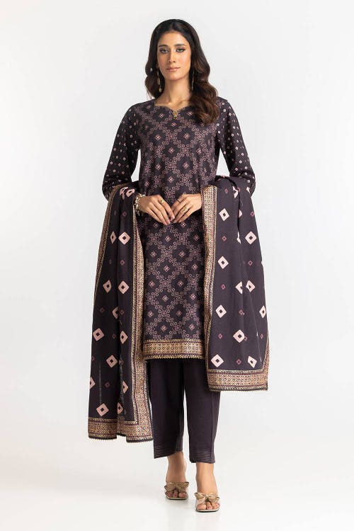 3 Piece Khaddar Gold Printed Suit IUSTKSD-309