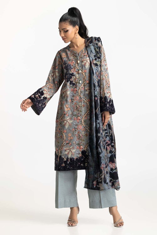 3 Piece Khaddar Printed With Embroidered Suit IUSTKSD-493