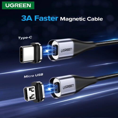 UGREEN Magnetic 3A Type-C + USB Micro Fast Charging Cable 1M Black