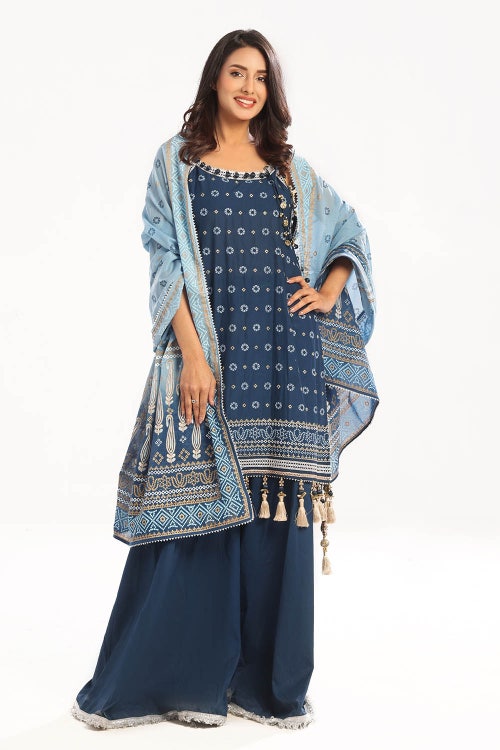 3 Piece Unstitched Zari Embroidered Lawn Suit with Gold Lacquer Printed Lawn Dupatta CL-52444