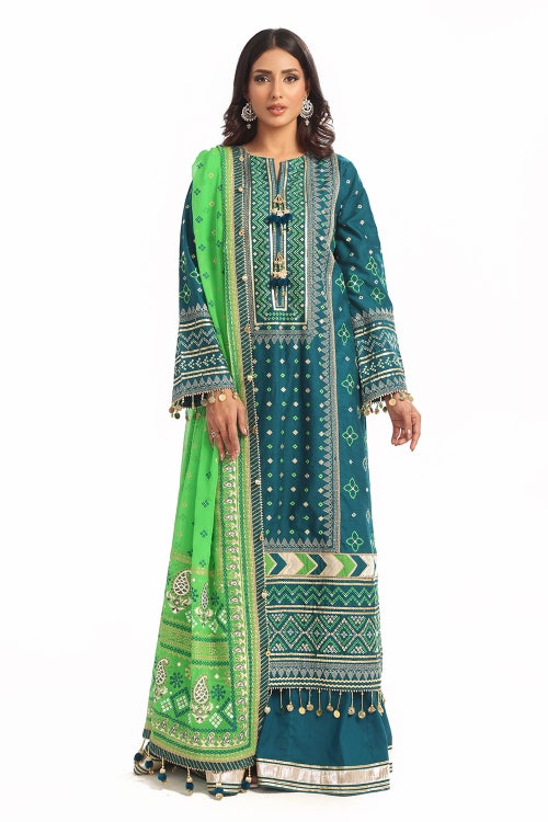 3 Piece Unstitched Embroidered Lawn Suit with Gold Lacquer Embroidered Printed Chiffon Dupatta BM-52025