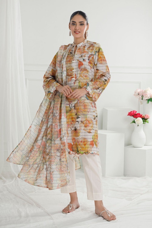 3 Piece Unstitched Cotton Silk Suit with Printed Burnout Blend Dupatta CS-52003