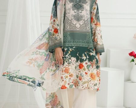 3 Piece Unstitched Printed Lawn Suit with Printed Pure Silk Chiffon Dupatta C-52006