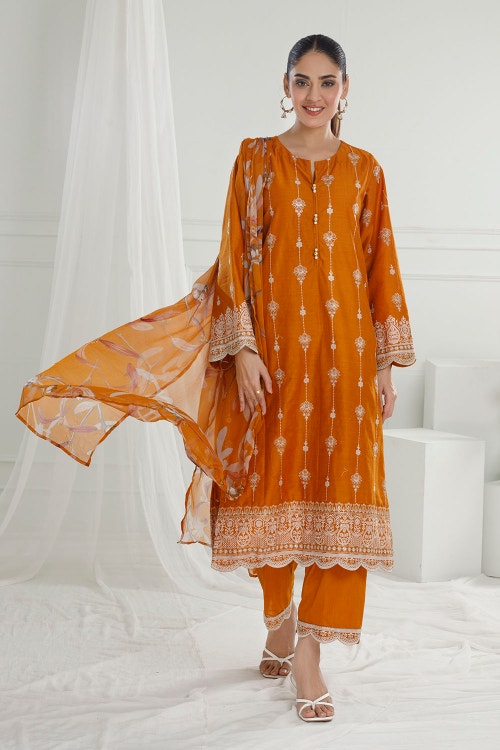 3 Piece Unstithed Embroidered Lawn Suit with Printed Pure Silk Chiffon Dupatta C-52002
