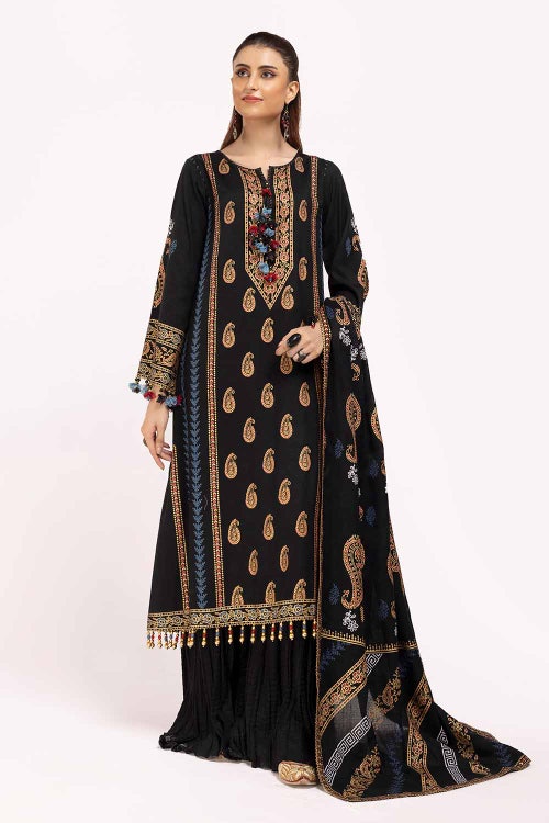 3 Piece Unstitched Gold and Lacquer Printed Suit with Gold and Lacquer Printed Acrylic Dupatta AP-42040