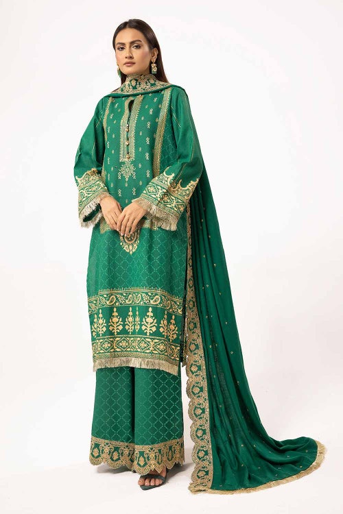 3 Piece Unstitched Gold and Lacquer Printed Karandi Suit with Embroidered Pashmina Shawl AP-42046