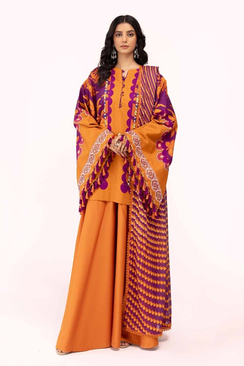 3 Piece Unstitched Embroidered Corduroy Suit with Printed Cotton Net Dupatta CD-42008
