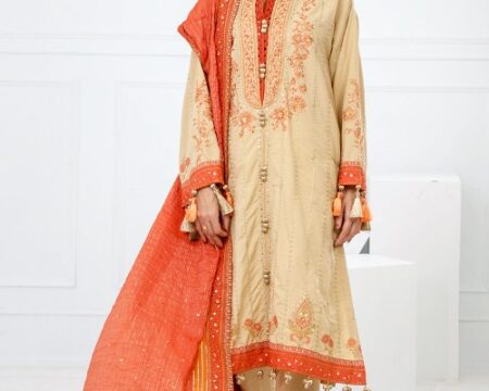 3 Piece Unstitched Embroidered Raw Silk Suit with Embroidered Organza Dupatta FE-52002