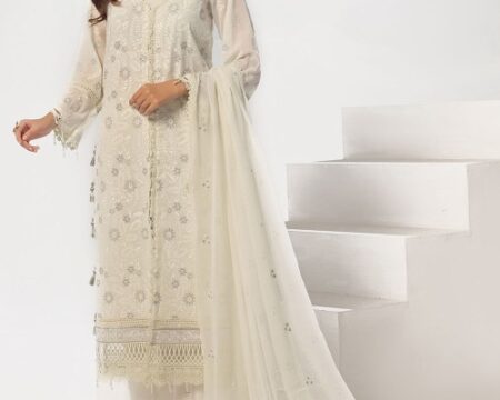 3 Piece Unstitched Embroidered Swiss Voile Suit with Embroidered Chiffon Dupatta with Lace LSV-52017