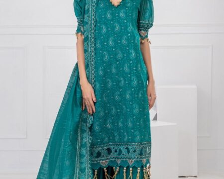 3 Piece Unstitched Embroidered Paper Cotton Suit with Embroidered Paper Cotton Dupatta FE-52032
