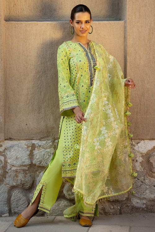 3 Piece Hand Embroidered Gold and Lacquer Printed Raw Silk Unstitched Suit with Gold Foil Printed Organza Dupatta FE-42080
