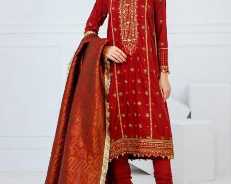3 Piece Unstitched Embroidered Raw Silk Suit with Banarsi Dupatta FE-52075