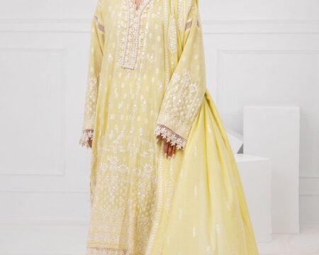 3 Piece Unstitched Embroidered Paper Cotton Suit with Embroidered Paper Cotton Dupatta FE-52080