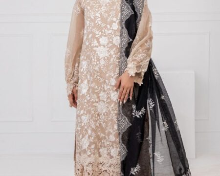 3 Piece Unstitched Embroidered Cotton Net Suit with Embroidered Cotton Net Dupatta FE-52099