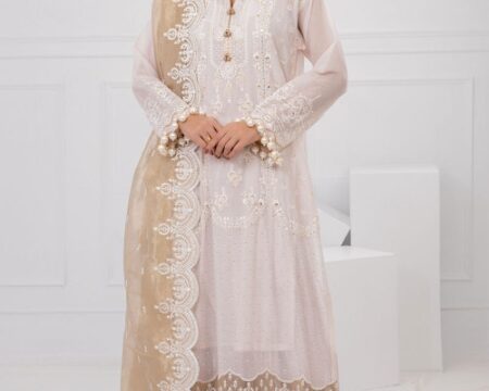 3 Piece Unstitched Embroidered Paper Cotton Suit with Embroidered Mehsuri Dupatta FE-52144