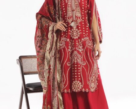 3 Piece Unstitched Embroidered Lawn Suit with Foil & Lacquer Printed Chiffon Dupatta PM-52044