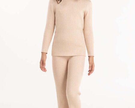 Junior Girl Light Beige Ribbed Sweater With Turtle Neck 224-416-303