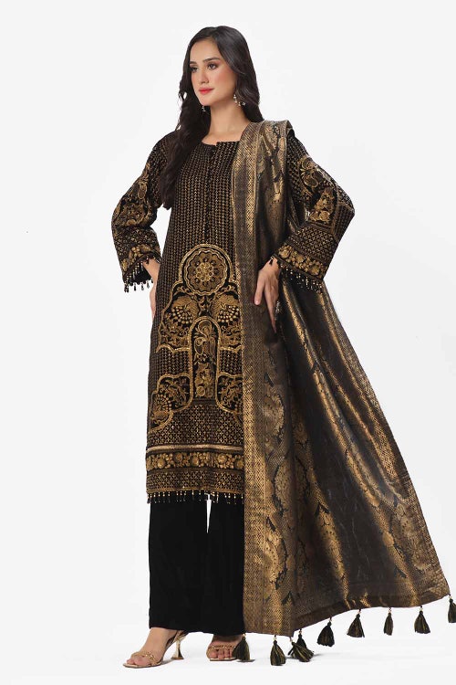 3 Piece Unstitched Embroidered Velvet Suit with Jacquard Dupatta NS-42001