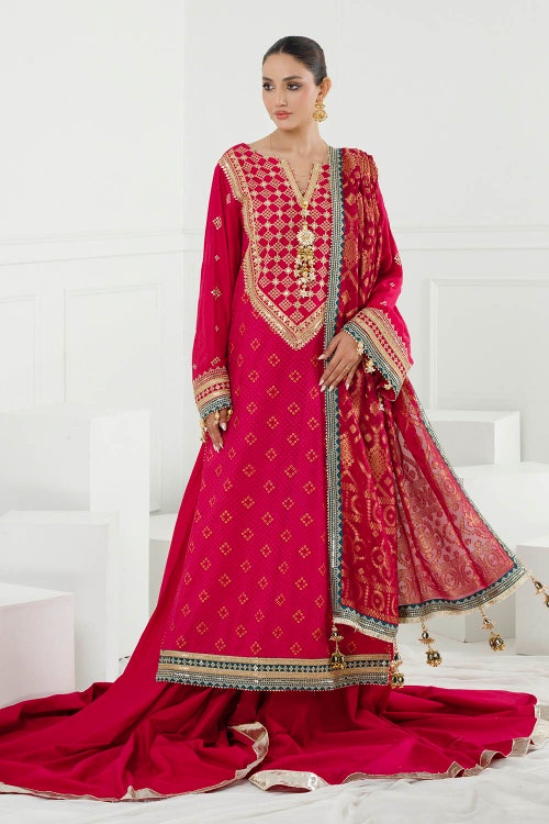 3 Piece Unstitched Gold Lacquer Printed Embroidered Cotton Silk Suit with Embroidered Jacquard Dupatta PRW-42004