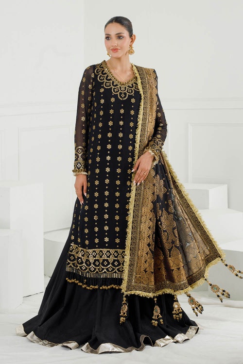 3 Piece Unstitched Gold Lacquer Printed Embroidered Chiffon Suit with Embroidered Jacquard Dupatta PRW-42005