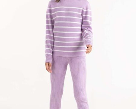 Junior Girl Purple Striped Sweater With Round Neck 224-416-301