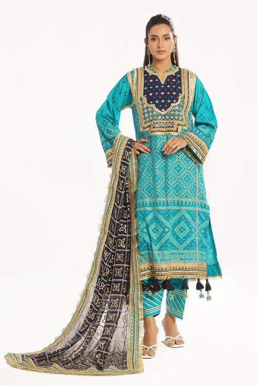 3 Piece Unstitched Embroidered Lawn Suit with Zari Sequins Embroidered Chiffon Dupatta BM-52021