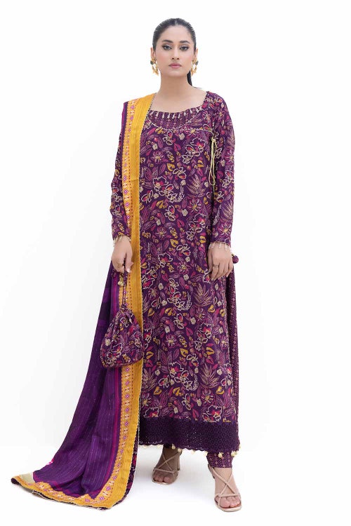 3 Piece Unstitched Gold Printed Polyestor Suit with Printed Sequins Stripe Dupatta SP-42047