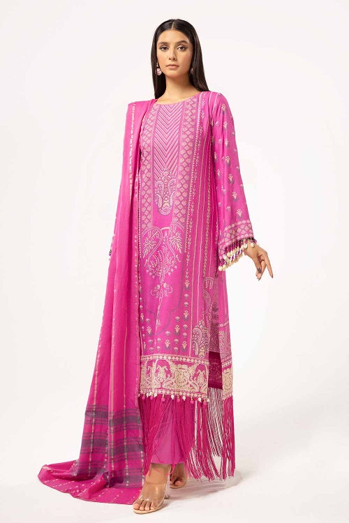 3 Piece Unstitched Lacquer Printed Stripe Karandi Suit with Yarn Dyed Dupatta YD-42001